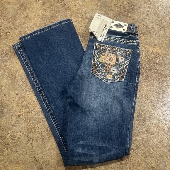 Miss Me Denim - Sexy Couture Jeans Size 26 X 33 Inseam Bootcut Western Flare Stones NWT Miss Me